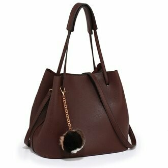 Hobo Handbag with Pom Pom Charm - Burgundy