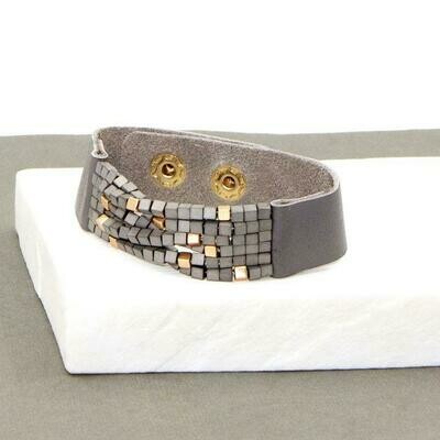 Square Bead Leather Cuff Bracelet
