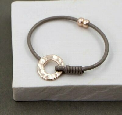 Leather Strand Rose Gold Circle Bracelet