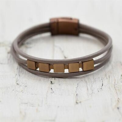 Taupe Leather Bracelet with Copper Square Detail