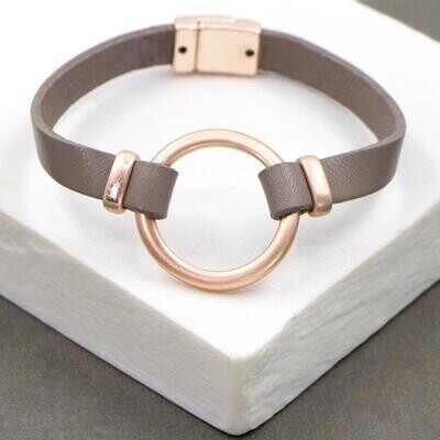 Leather Band Rose Gold Circle Bracelet