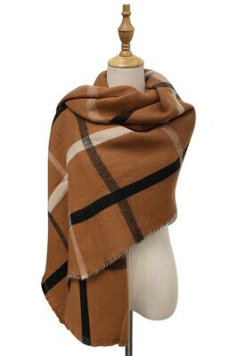 Plaid Cosy Wool Scarf - Camel Brown