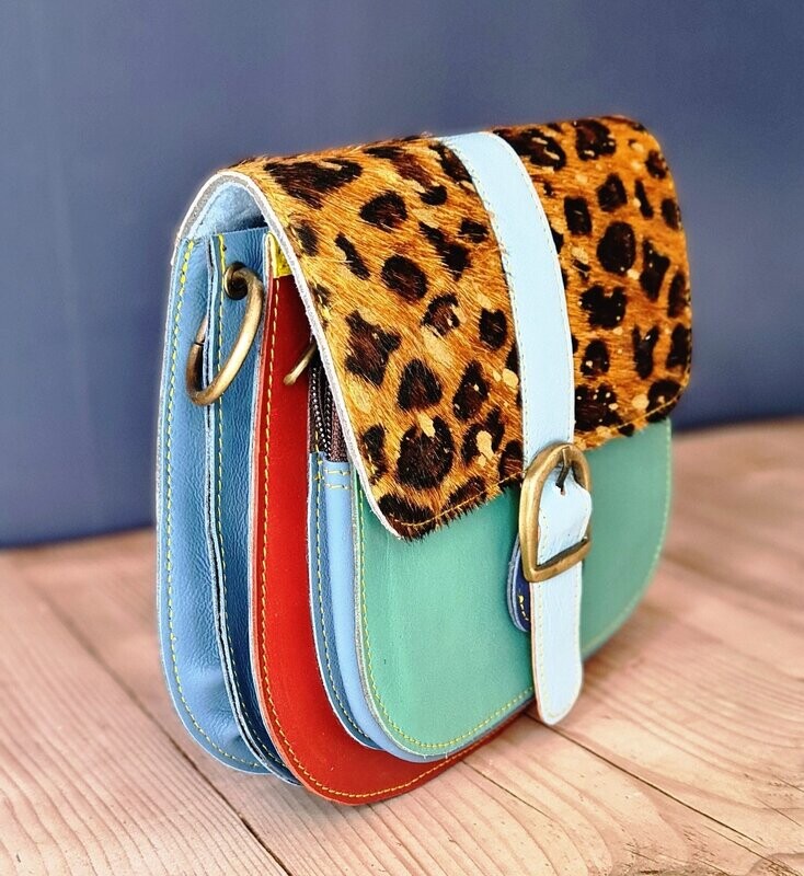 Amelie Leather Satchel - Duck Egg Animal Print