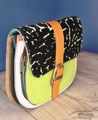 Amelie Leather Satchel - Lime Green Animal Print