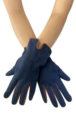 Suede Effect Contrast Trim Gloves - Navy & Brown