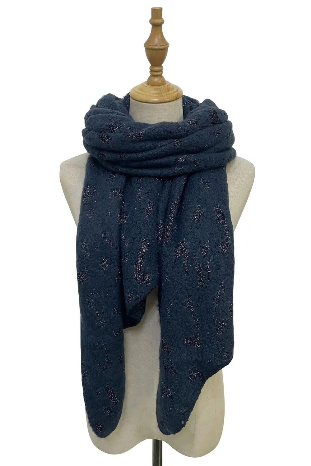 Metallic Leopard Print Wool Scarf - Navy