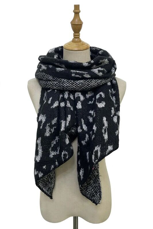 Metallic Leopard Print Wool Scarf - Black
