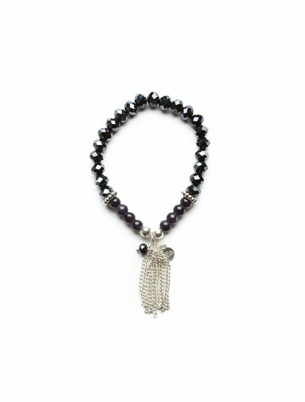 Stretch Bead and Crystal Tassel Bracelet Silver