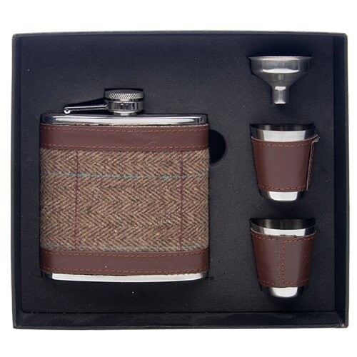 Hip Flask Set - Brown Tweed