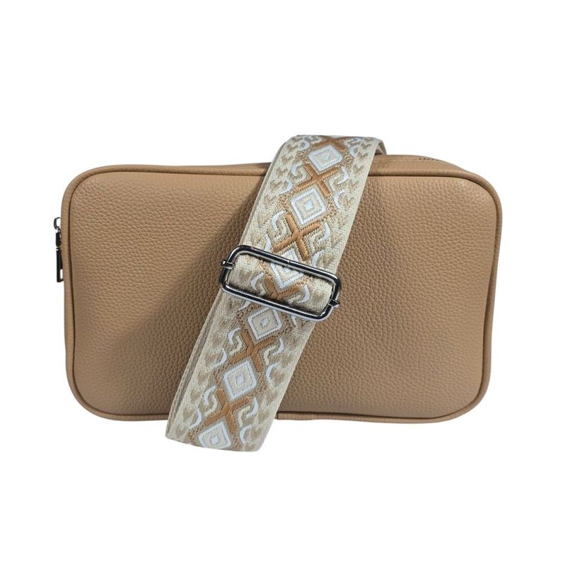 Adele Double Zip Box Bag with patterned strap - Nude