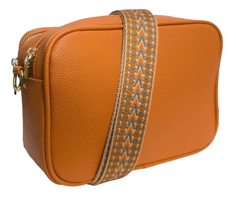 Adele Double Zip Box Bag with patterned strap - Orange
