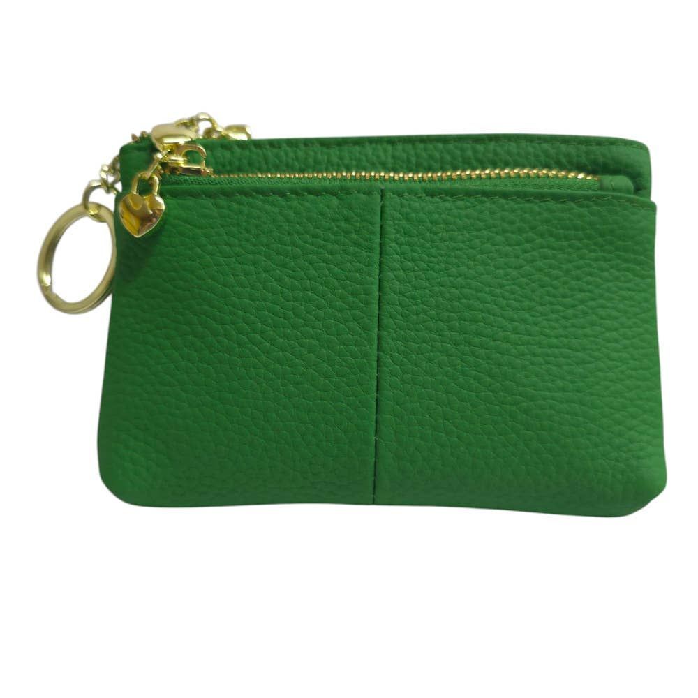 Leather Purse with Heart Shaped Zips  - Green