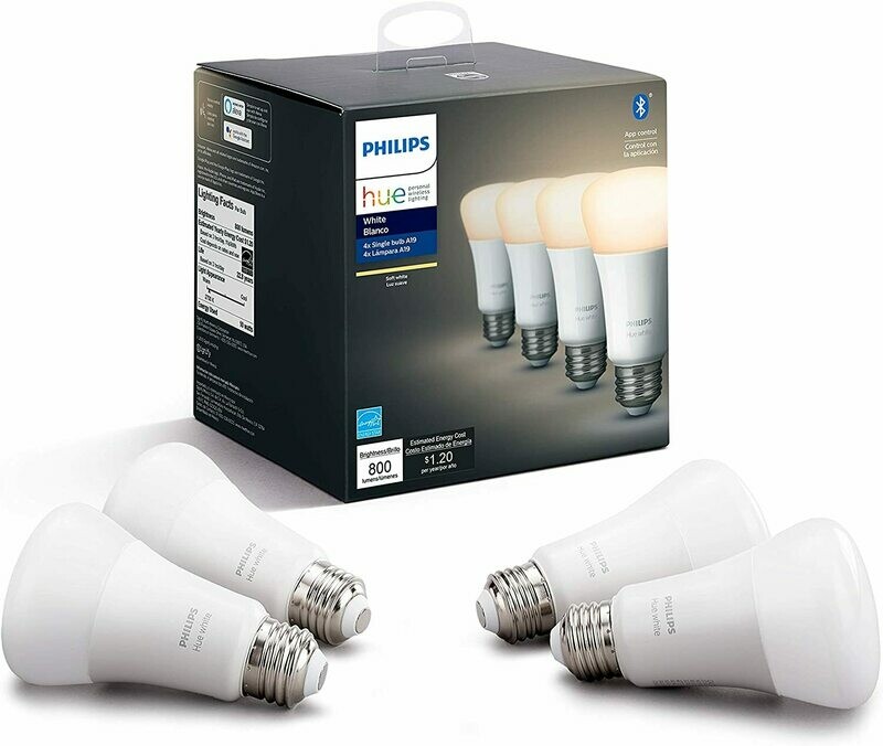 White 4-Pack A19 LED Smart Bulb, Bluetooth &amp; Zigbee compatible (Hue Hub Optional), Works with Alexa &amp; Google Assistant – A Certified for Humans Device