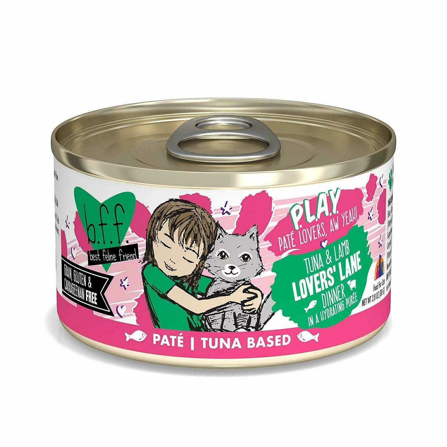 Weruva Best Feline Friend - B.F.F. PLAY Pate Lovers&#39; Lane Tuna &amp; Lamb Dinner in Puree Grain-Free Wet Cat Food - 2.8 oz.