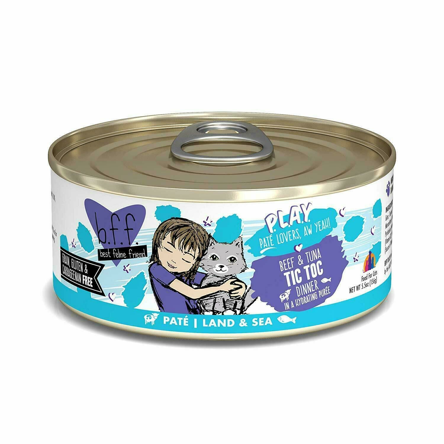 Weruva Best Feline Friend - B.F.F. PLAY Pate Tic Toc Beef &amp; Tuna Dinner in Puree Grain-Free Wet Cat Food - 5.5 oz.