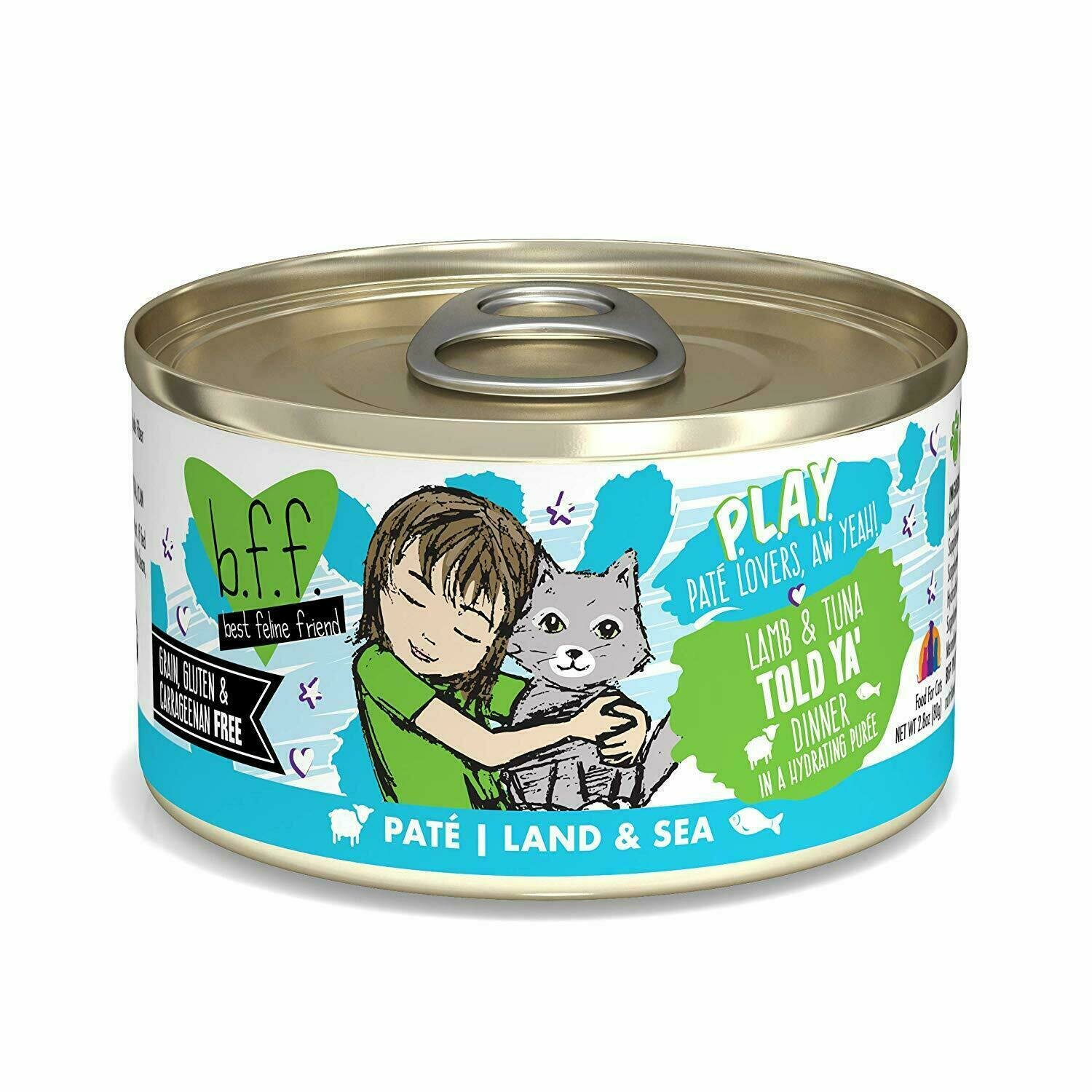 Weruva Best Feline Friend - B.F.F. PLAY Pate Told Ya&#39; Lamb &amp; Tuna Dinner in Puree Grain-Free Wet Cat Food - 2.8 oz.