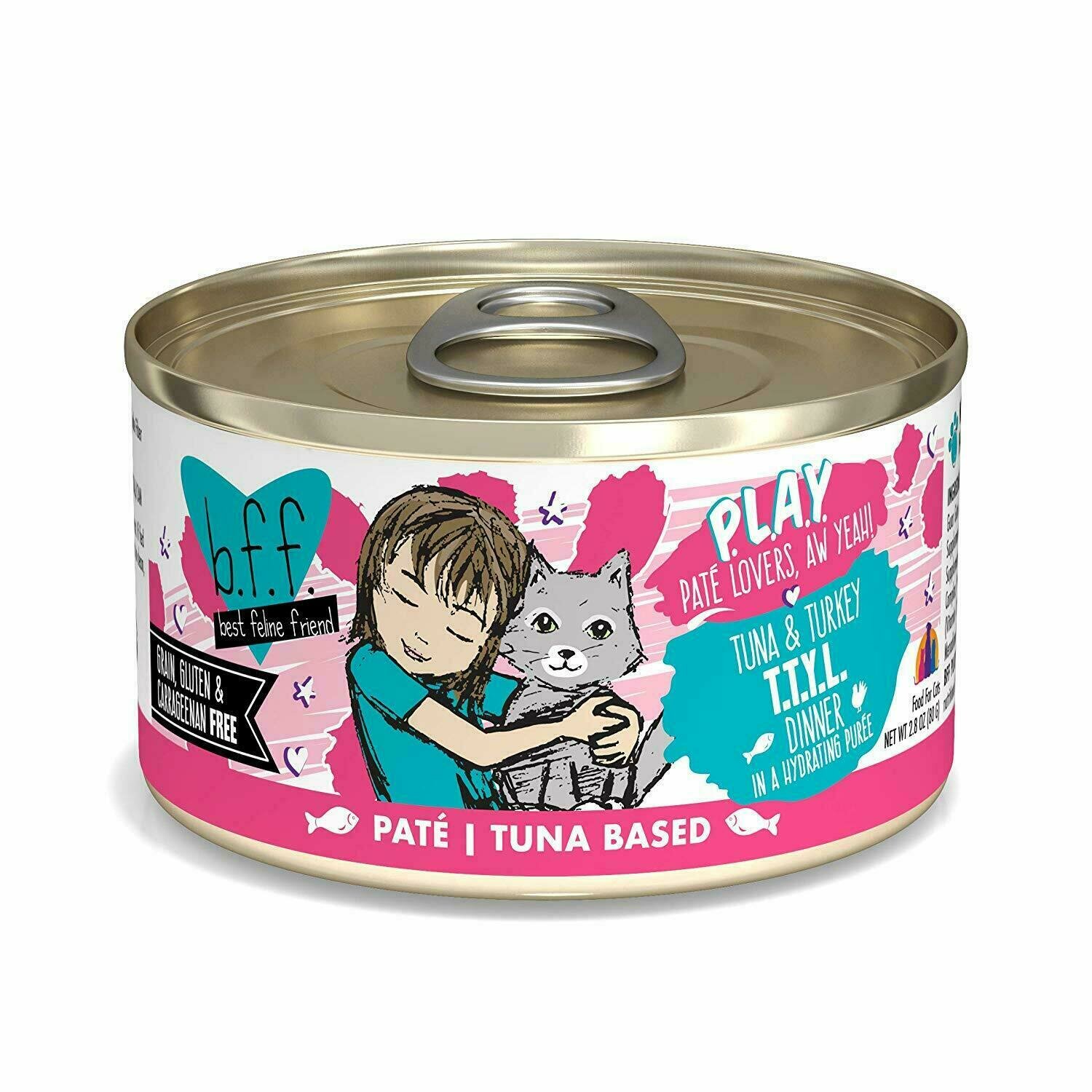 Weruva Best Feline Friend - B.F.F. PLAY Pate T.T.Y.L. Tuna &amp; Turkey Dinner in Puree Grain-Free Wet Cat Food - 2.8 oz.
