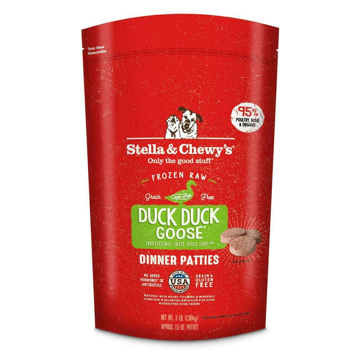 Stella &amp; Chewy&#39;s Duck Duck Goose 1.5 oz. Dinner Patties Grain-Free Raw Frozen Dog Food - 3 Pound