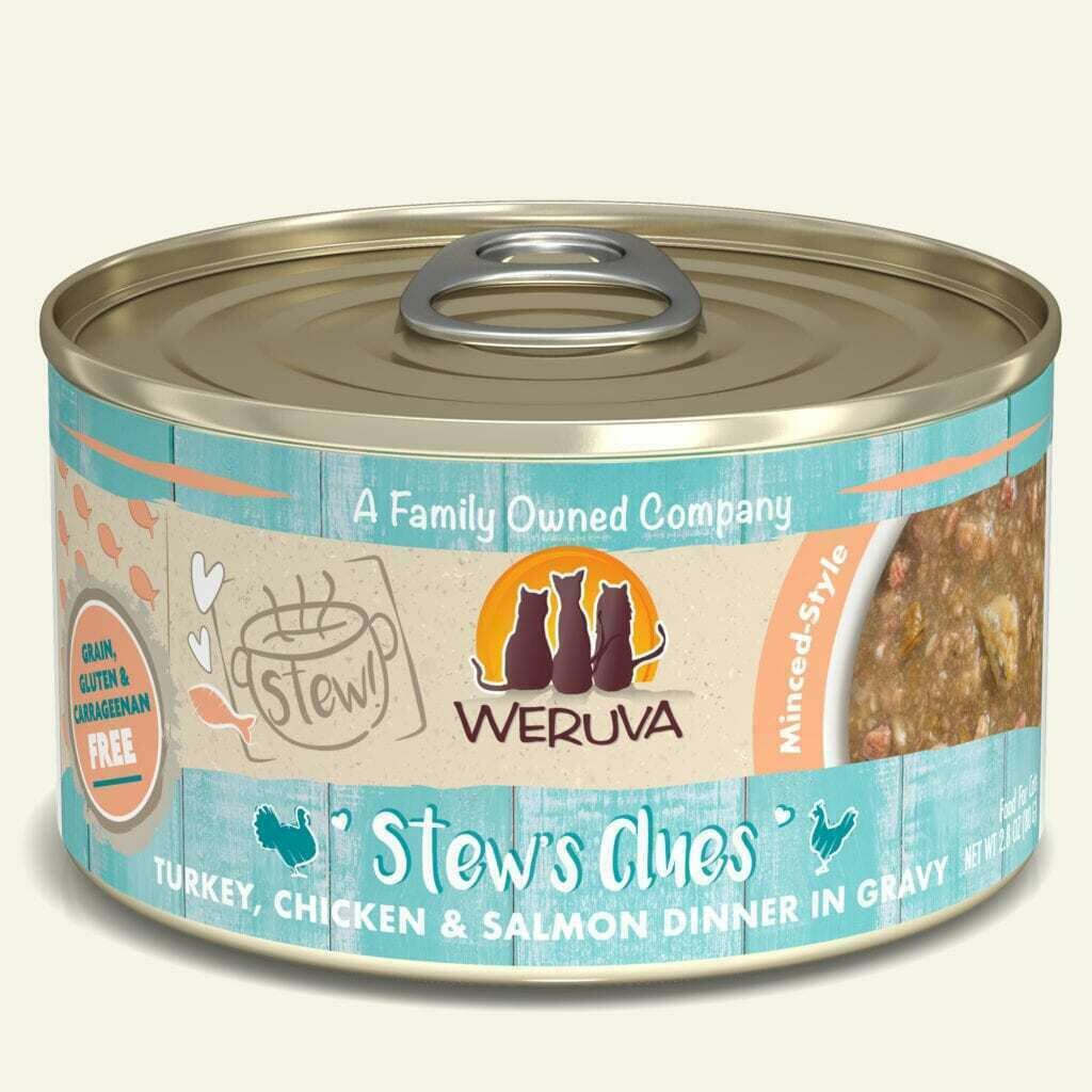Weruva Cat Stew! Stew&#39;s Clues Turkey, Chicken &amp; Salmon Dinner in Gravy Wet Cat Food - 2.8 oz.
