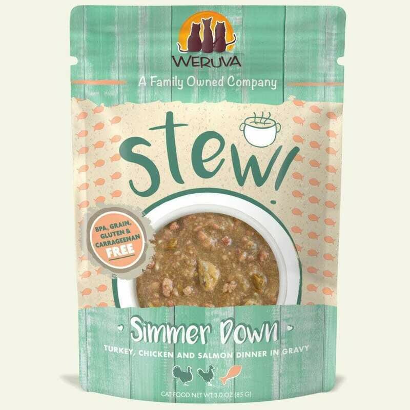 Weruva Cat Stew! Simmer Down Turkey, Chicken &amp; Salmon Dinner in Gravy Wet Cat Food - 3 oz.