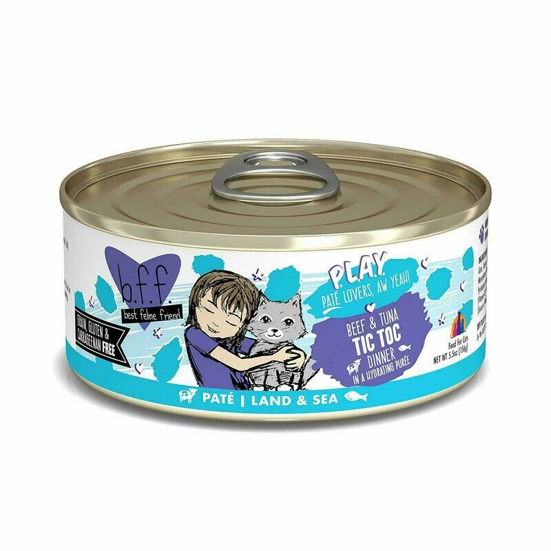 Weruva Best Feline Friend - B.F.F. PLAY Pate Tic Toc Beef &amp; Tuna Dinner in Puree Grain-Free Wet Cat Food - 5.5 oz.