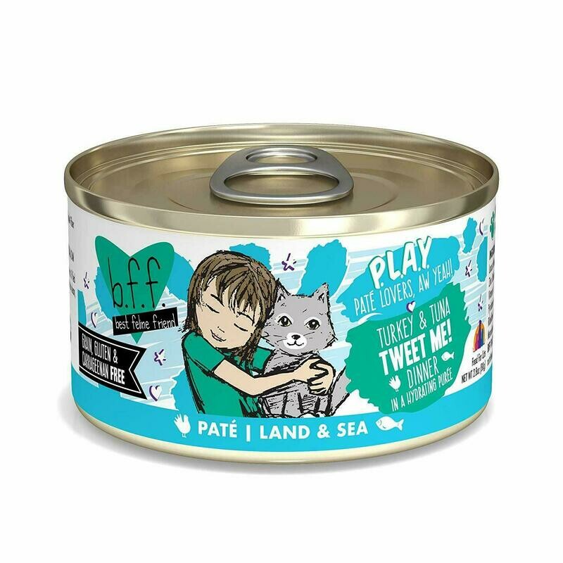 Weruva Best Feline Friend - B.F.F. PLAY Pate Tweet Me! Turkey &amp; Tuna Dinner in Puree Grain-Free Wet Cat Food - 2.8 oz.