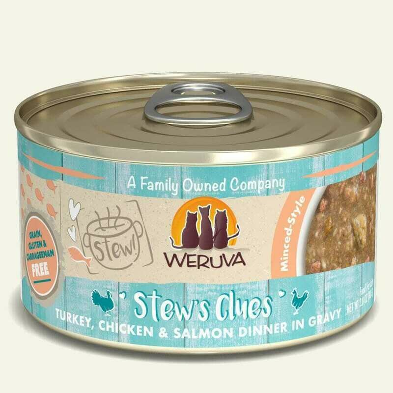 Weruva Cat Stew! Stew&#39;s Clues Turkey, Chicken &amp; Salmon Dinner in Gravy Wet Cat Food - 2.8 oz.
