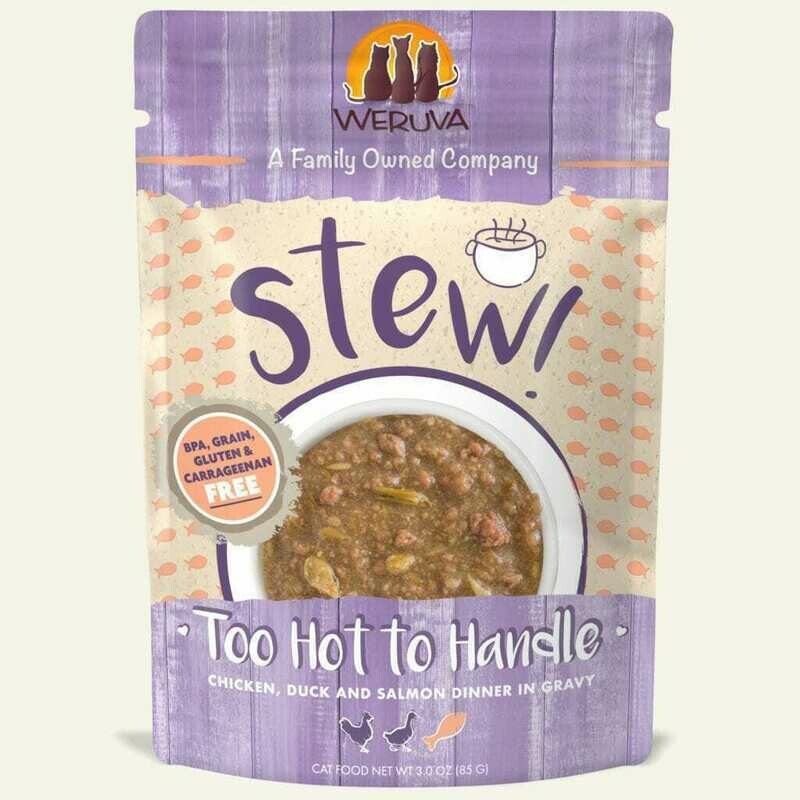 Weruva Cat Stew! Too Hot to Handle Chicken, Duck &amp; Salmon Dinner in Gravy Wet Cat Food - 3 oz.