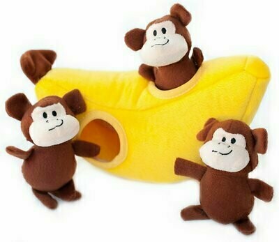 ZippyPaws Burrow Squeaky Hide and Seek Plush Dog Toy - Monkey &#39;n Banana - Puzzle Set