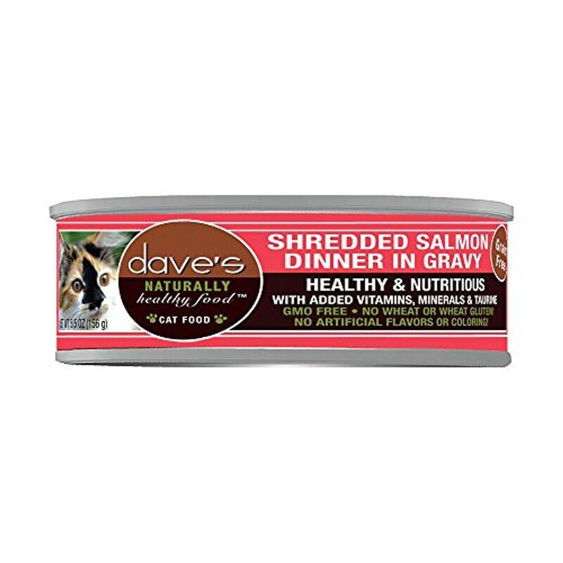 Dave&#39;s Cat Food Naturally Healthy Grain-Free Shredded Salmon Dinner in Gravy Canned Cat Food - 5.5 oz.