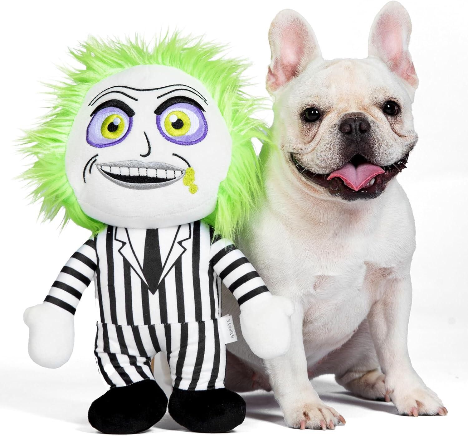Beetlejuice Dog Toy 12” Flattie Style Dog Toy with Plush Head and Squeaker, Beetlejuice Toy for Dogs for Halloween, Low Plush Dog Toys