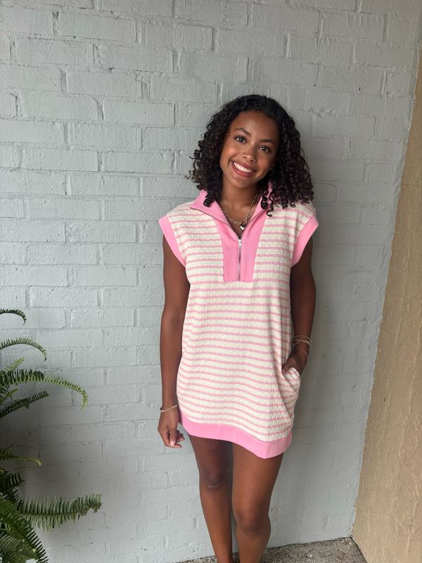 AD5548 Zip Up Stripe Textured Dress