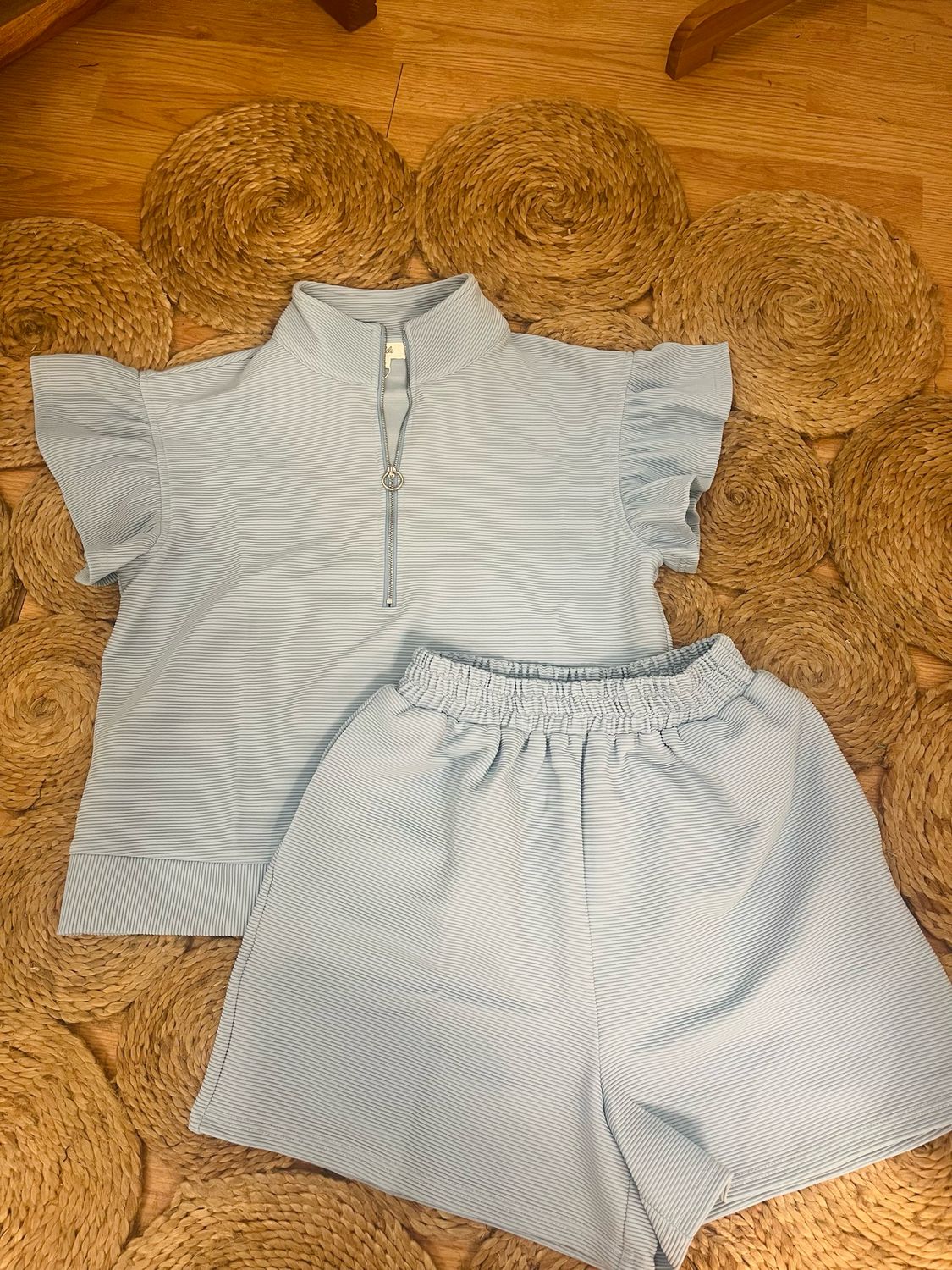 AD5562 Blue Ruffle Short Set