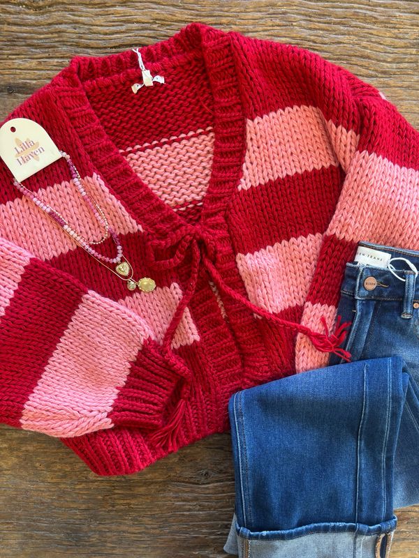 AD5734 Wide strip Front Tie Cardigan