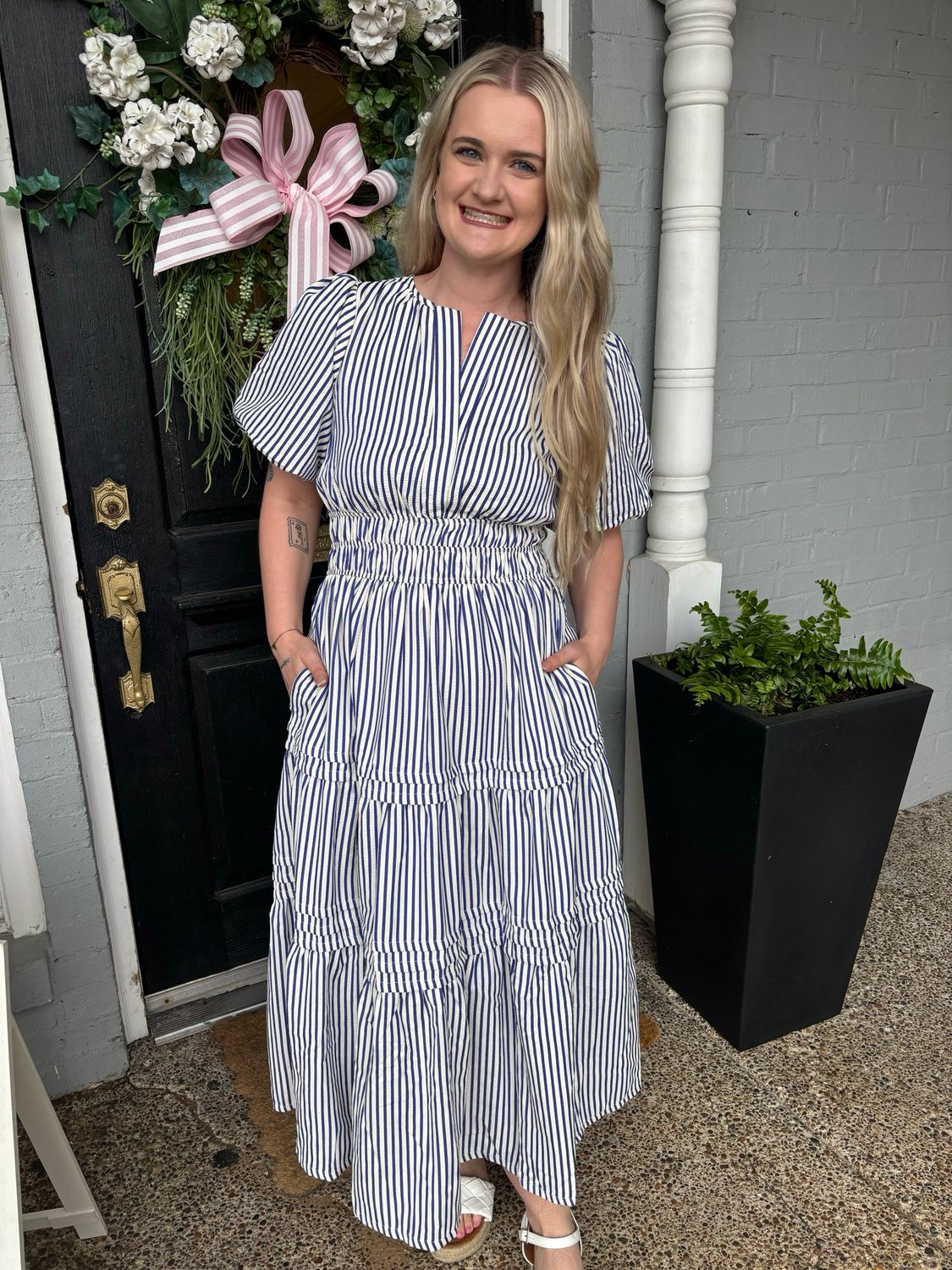 AD5813 Navy Stripe Puff Dress