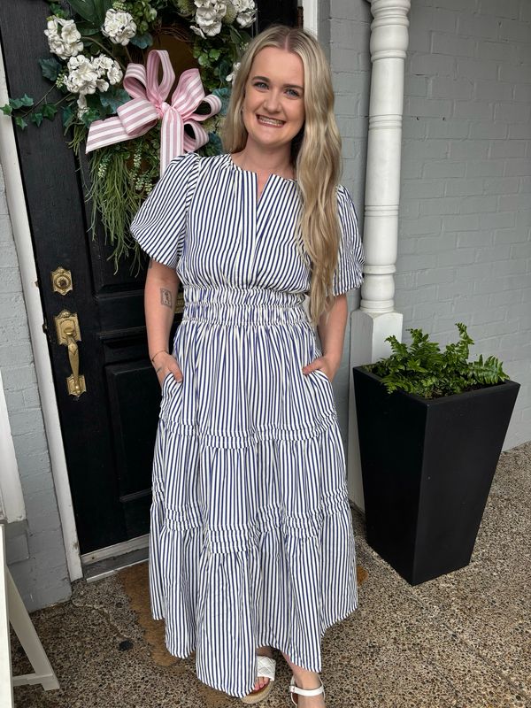 AD5813 Navy Stripe Puff Dress