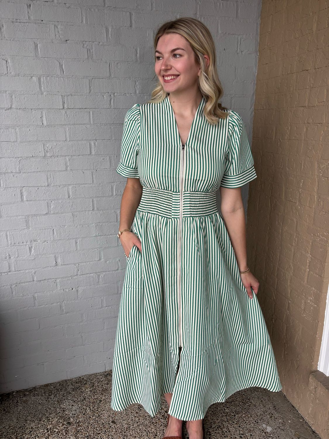 AD5817 Green Stripe Zipper Midi