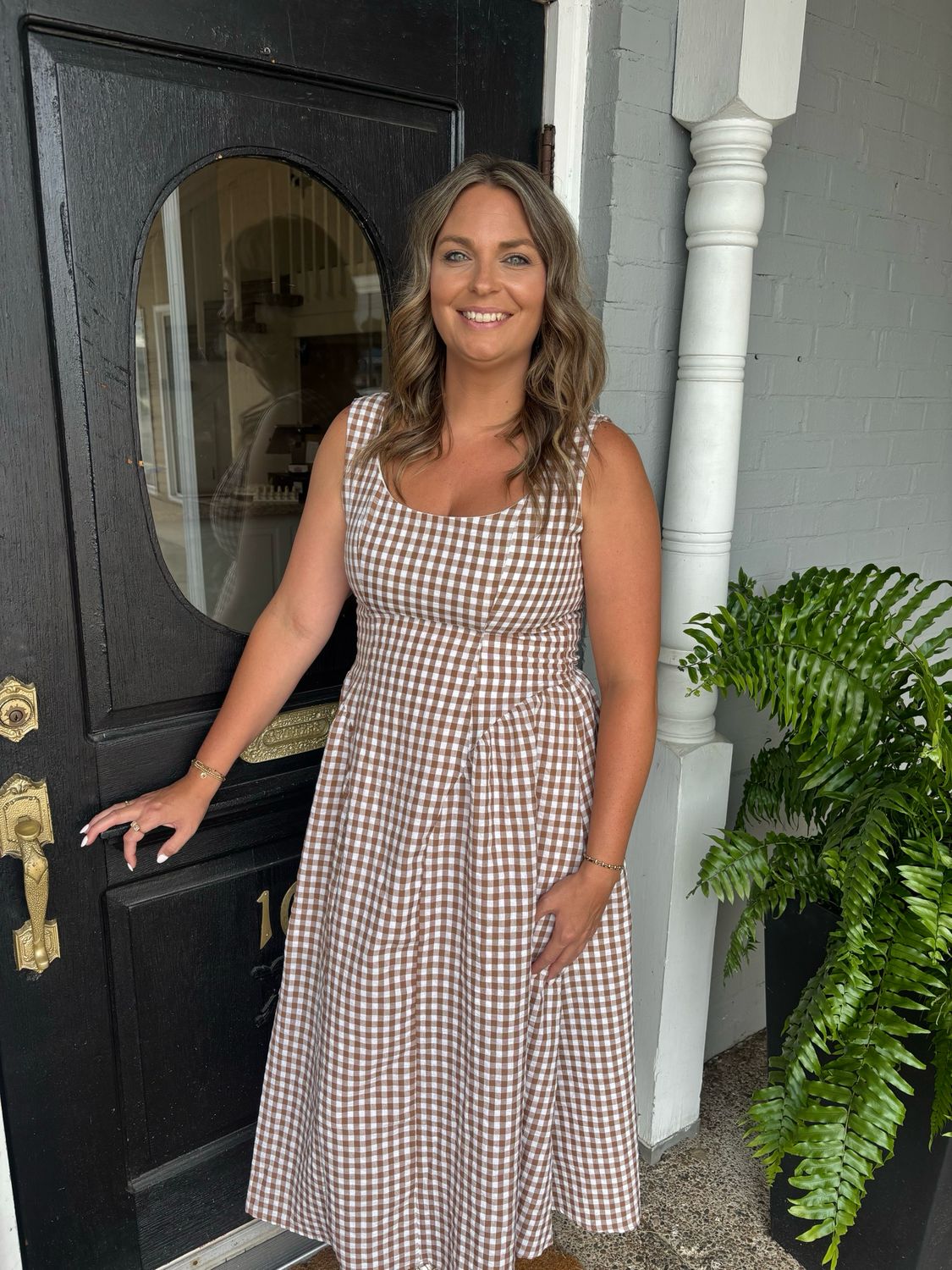 AD5824 Brown Plaid Waist Sleeveless Midi