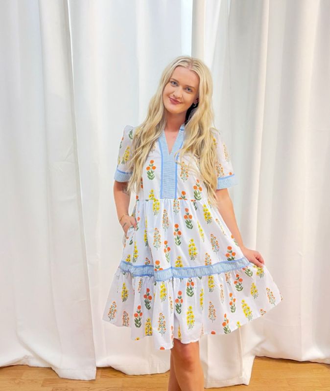 AD5827 Blue Half Sleeve Ruffle Neck Floral