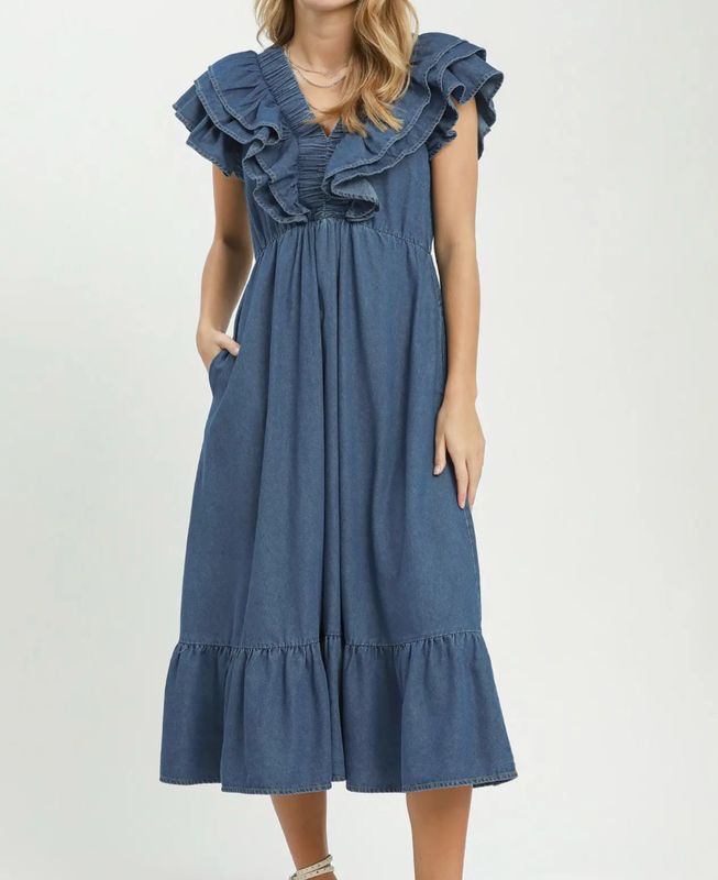 AD5851 Chambray Midi Ruffle Dress