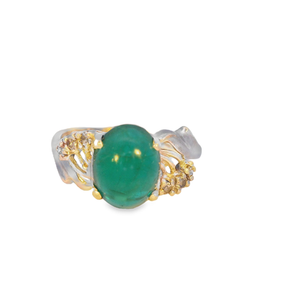 ​2ct Emerald Cabochon 6-Diamond 2.92 14K Ring