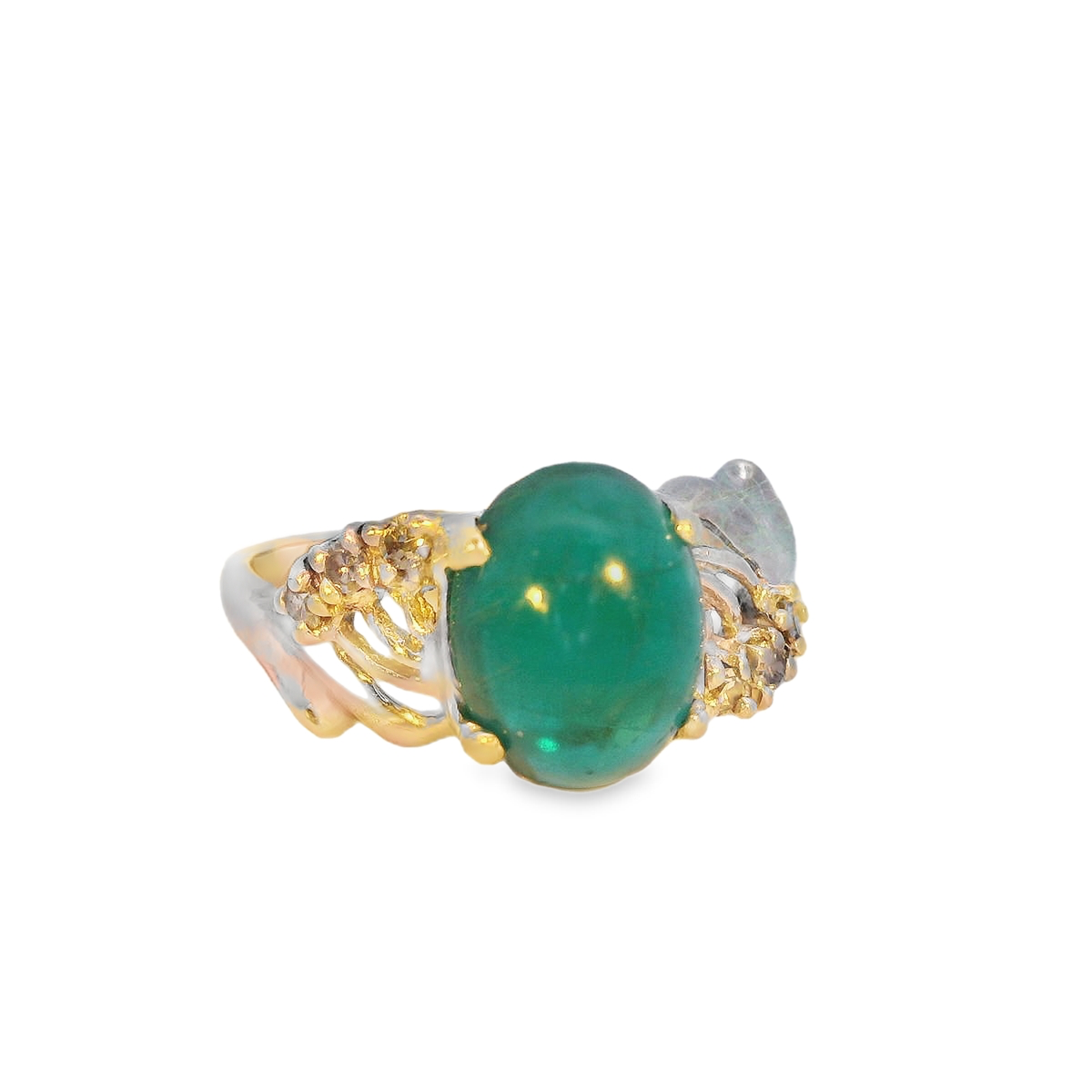 ​2ct Emerald Cabochon 6-Diamond 2.92 14K Ring
