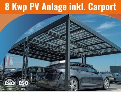 Carport-Solardach Komplettset: 8 kW Hybrid-Solaranlage mit 3-phasigem Netz-Wechselrichter, 10 kWh Lithiumspeicher und elegante Glas-Glas Full Black Module