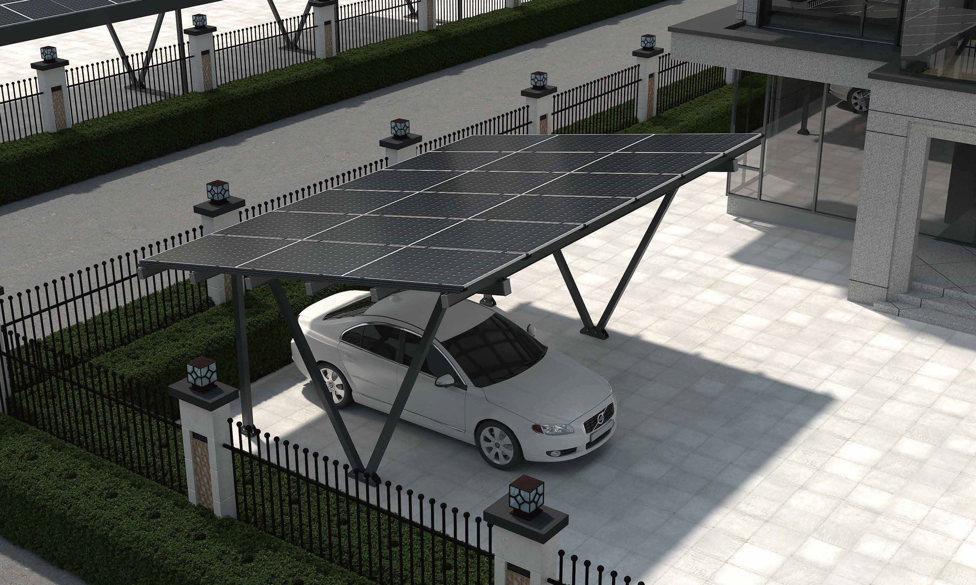 Carport-Solardach-Komplettset: 6,450 kW Hybrid-Solaranlage mit dreiphasigem Netz-Wechselrichter und Glas-Glas Full-Black-Module
