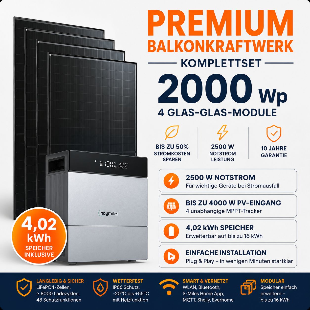 2000W Solaranlage Balkonkraftwerk Komplettset mit HiBattery 4020 X – 4,02 kWh Speicher 2000W Solaranlage Balkonkraftwerk Komplettset mit HiBattery 4020 X – 4,02 kWh Speicher