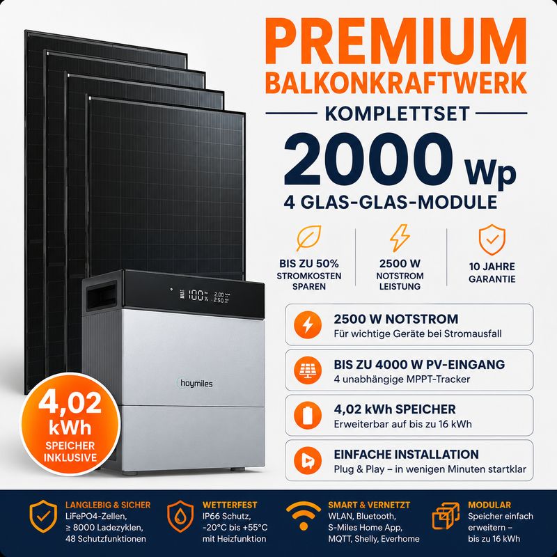 2000W Solaranlage Balkonkraftwerk Komplettset mit HiBattery 4020 X – 4,02 kWh Speicher
