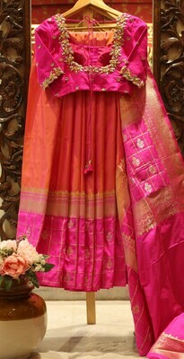 Orange Pink Pure Silk Banarasi Saree With Cutwork Designer Blouse