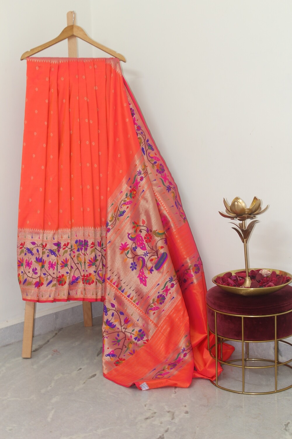 Pure Banarasi Silk Paithani Border Orange Saree