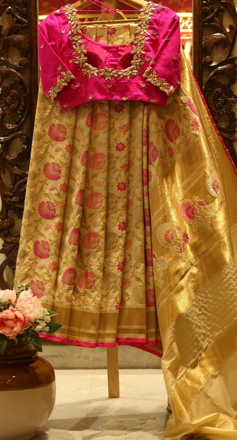 Golden Pure Silk Banarasi Saree with Designer Blouse
