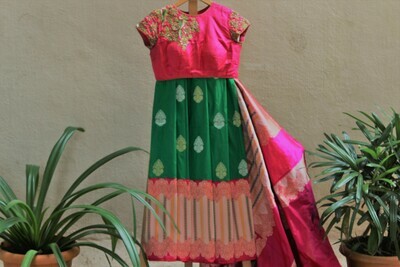 Green Pure Silk Banarasi Saree with Contemporary Designer Blouse